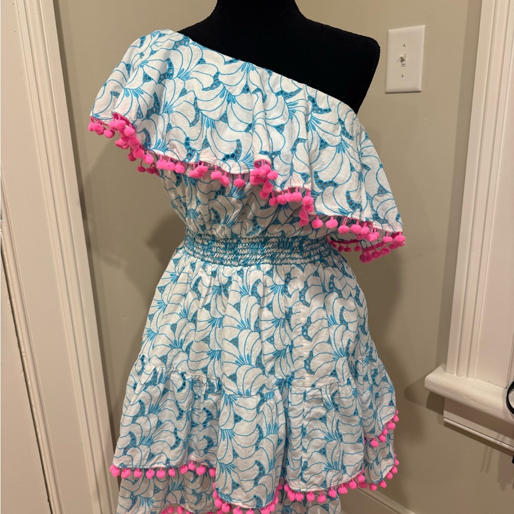 Lilly Pulitzer Blue Leaf-Print One-Shoulder Dress with Pink Pom-Pom Trim